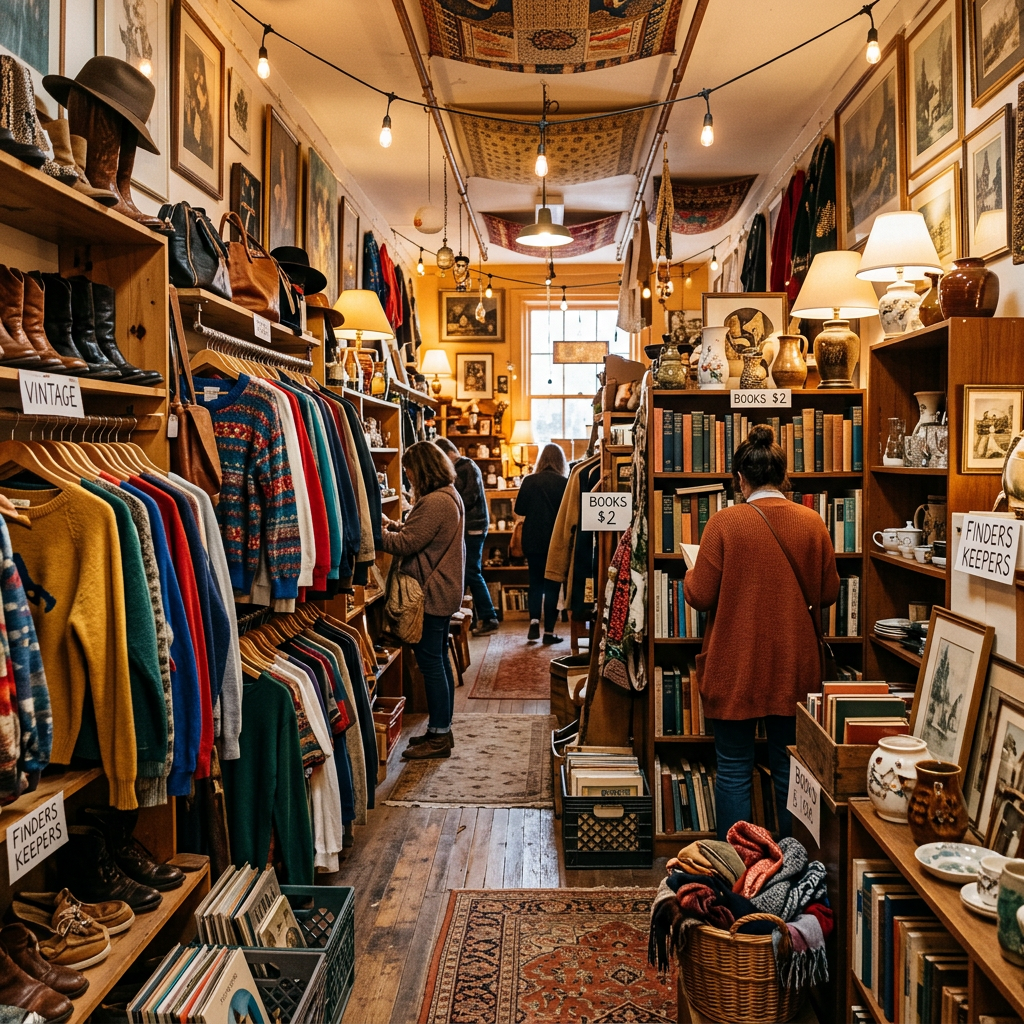 Customers exploring vintage clothing racks and bookshelves in a cozy shop